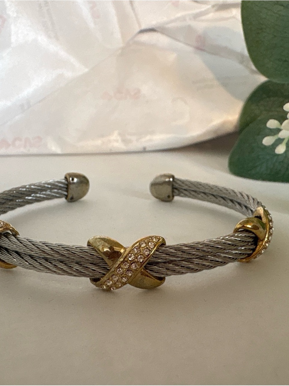Gold & Silver Twisted Cable Cuff Bracelet with Crystal Accents